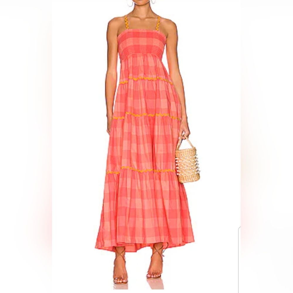 Sundress Vanina Maxi Sundress in Big Gingham Neon Coral Size M/L